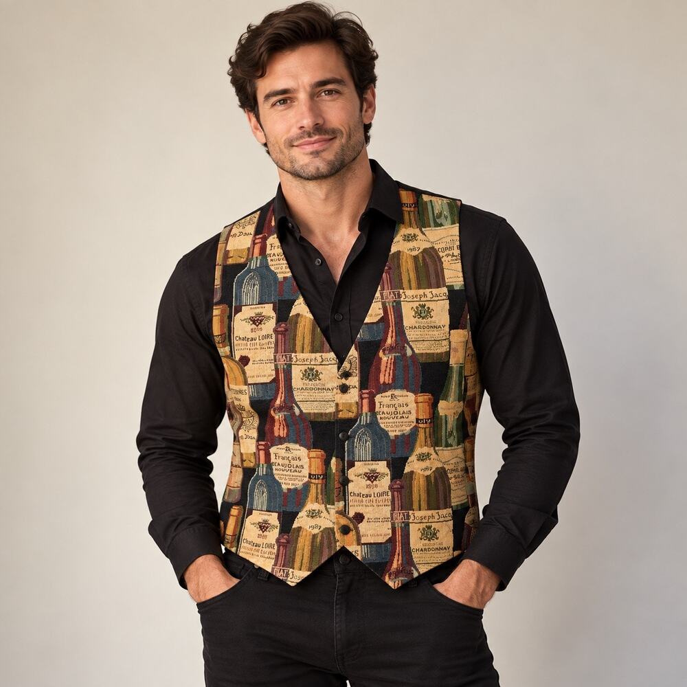 Vintage Wine Bottle Tapestry Vest Mens Womens Novelty Winery Bar Black